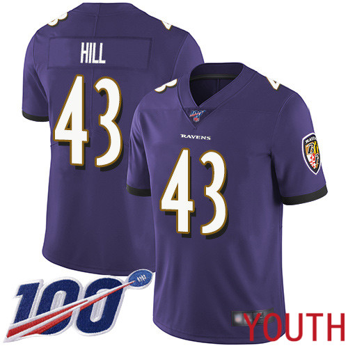 Baltimore Ravens Limited Purple Youth Justice Hill Home Jersey NFL Football 43 100th Season Vapor Untouchable